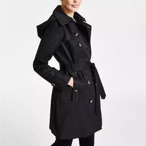 LONDON FOG Black Hooded Double-Breasted Trench Coat